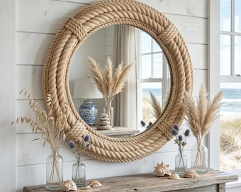 Espelho artesanal de corda de juta – Decoração de parede redonda em estilo boho-chá costeiro