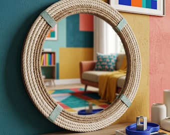 Handmade Jute Rope Round Mirror, Boho Coastal Farmhouse Wall Decor
