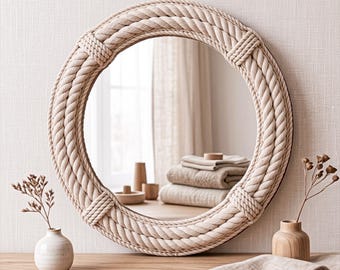 Espejo redondo de cuerda de yute hecho a mano – Decoración de pared estilo rústico bohemio costero