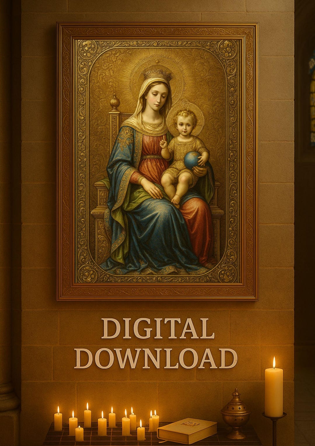 Vintage Virgin Mary and Child Icon | Gold Religious Wall Art (digital ...