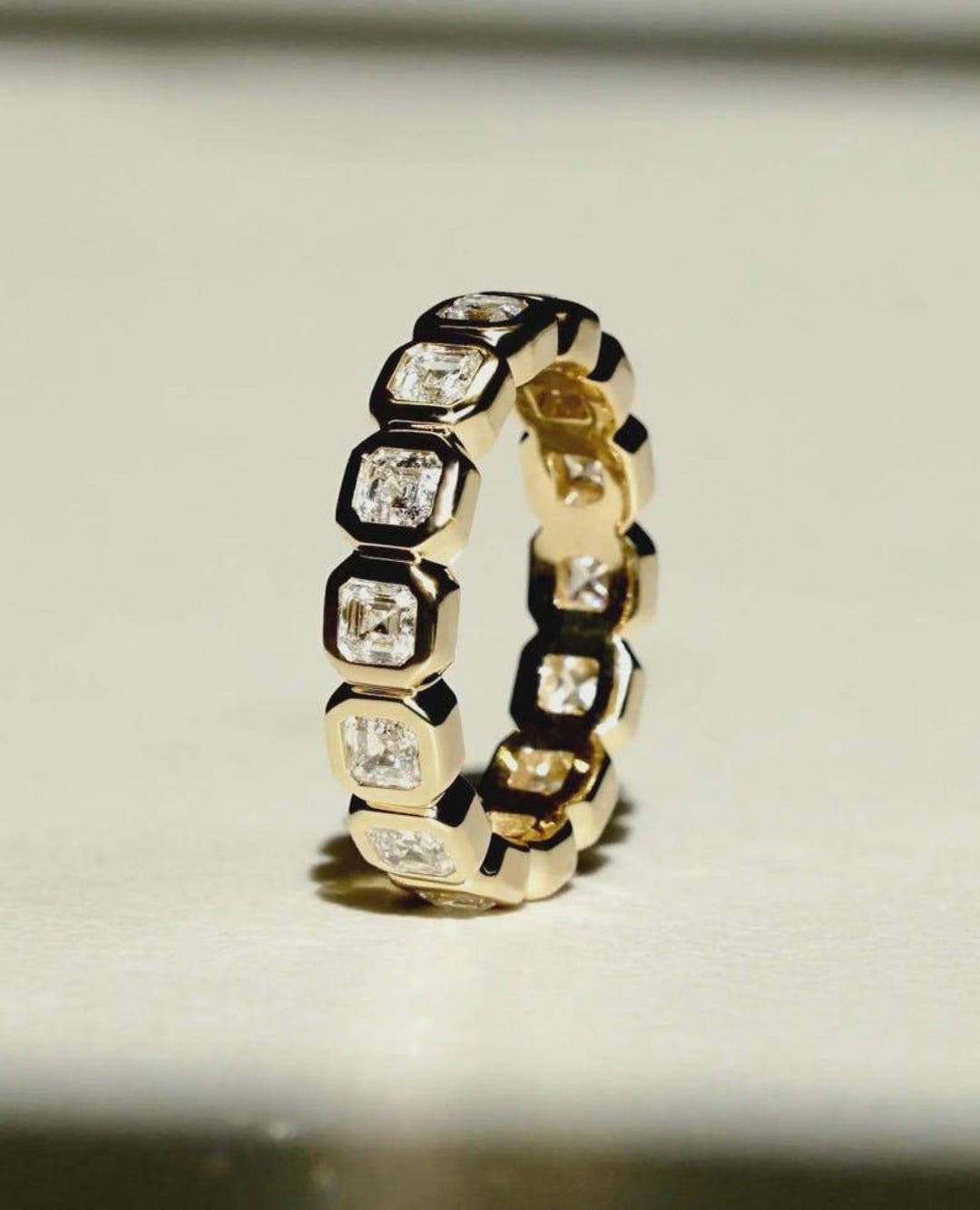 Asscher Cut Moissanite Eternity Band, Bezel Set Wedding Ring, 14k Gold ...