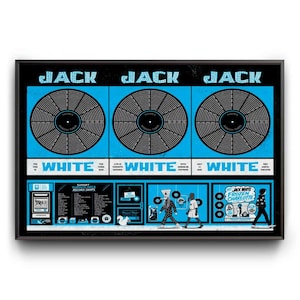 May include: A rectangular concert poster featuring three black vinyl record illustrations against a bright blue background. The text JACK WHITE is repeated three times. The lower section displays a list of record shops and two figures walking.