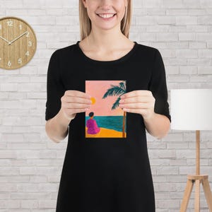 Abstract Coastal Woman Poster  Wall Art Modern Naive Painting Print Beach Sunset Illustration Minimal Decor