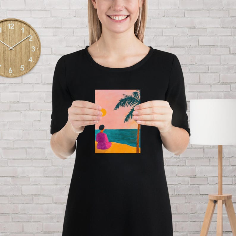 Abstract Coastal Woman Poster  Wall Art Modern Naive Painting Print Beach Sunset Illustration Minimal Decor