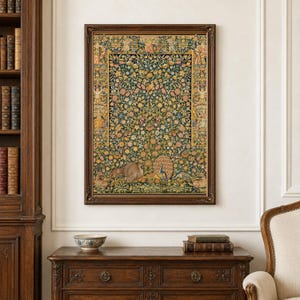 May include: A rectangular wall tapestry framed in dark wood, featuring a dense botanical pattern with flowers, foliage, and birds. The central design includes a peacock and other animals amidst a dark blue background with gold and green accents.
