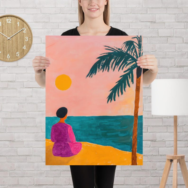 Abstract Coastal Woman Poster  Wall Art Modern Naive Painting Print Beach Sunset Illustration Minimal Decor