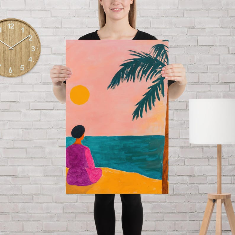 Abstract Coastal Woman Poster  Wall Art Modern Naive Painting Print Beach Sunset Illustration Minimal Decor