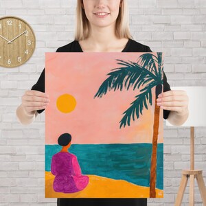 Abstract Coastal Woman Poster  Wall Art Modern Naive Painting Print Beach Sunset Illustration Minimal Decor