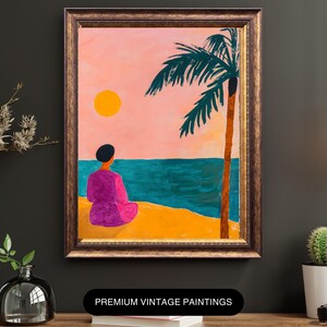 May include: Framed vintage painting depicting a person in a purple outfit seated on a beach, facing the ocean. A palm tree and a yellow sun are in the background. The painting is in a gold frame. Text at the bottom reads "PREMIUM VINTAGE PAINTINGS."