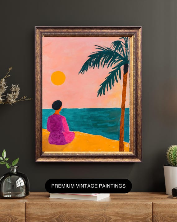 Coastal Woman Art Print: Abstract Beach Sunset, Minimalist Decor