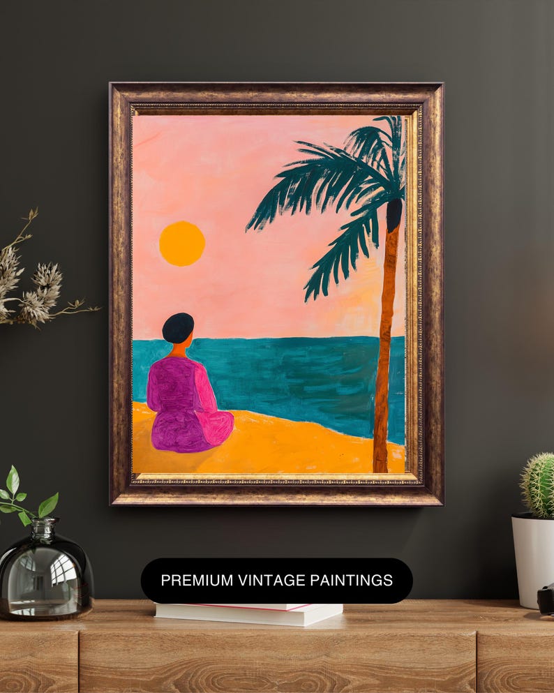 May include: Framed vintage painting depicting a person in a purple outfit seated on a beach, facing the ocean. A palm tree and a yellow sun are in the background. The painting is in a gold frame. Text at the bottom reads "PREMIUM VINTAGE PAINTINGS."