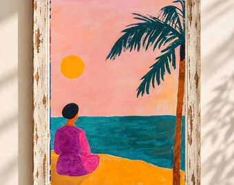 Coastal Woman Art Print: Abstract Beach Sunset, Minimalist Decor