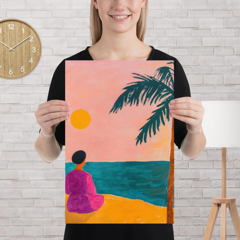 Abstract Coastal Woman Poster  Wall Art Modern Naive Painting Print Beach Sunset Illustration Minimal Decor