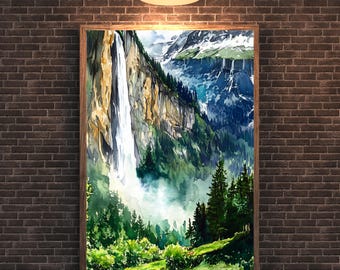 Mountain Waterfall Landscape Art Print – Green Forest Nature Poster