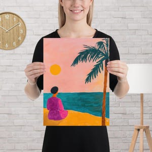 Abstract Coastal Woman Poster  Wall Art Modern Naive Painting Print Beach Sunset Illustration Minimal Decor