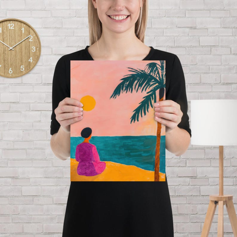 Abstract Coastal Woman Poster  Wall Art Modern Naive Painting Print Beach Sunset Illustration Minimal Decor