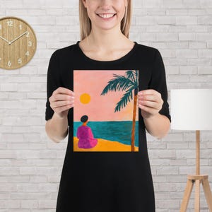 Abstract Coastal Woman Poster  Wall Art Modern Naive Painting Print Beach Sunset Illustration Minimal Decor
