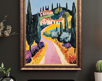 Mediterranean Village Giclée Print, Post Impressionist Landscape, Unframed