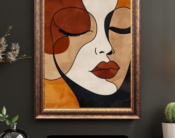Boho Kunstdruck, abstraktes weibliches Gesicht, minimalistisches Poster, modernes Vintage-Dekor