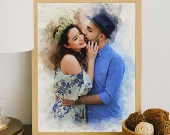Retrato de pareja en acuarela a partir de una foto. Pintura de retrato en acuarela personalizada. Regalo para novio. Regalo para novia. Regalo para el primer aniversario.