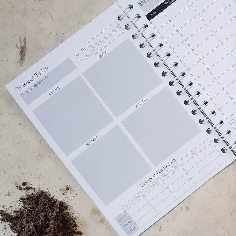 May include: A white spiral-bound garden planner page featuring sections for Seasonal To Do, Winter, Autumn, Summer, Spring, and a Compost Bin Record table. The page includes text fields for Last Frost, First Frost, and My main goal this year.