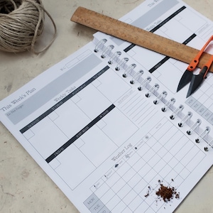 May include: A spiral-bound weekly planner with white pages featuring sections for This Week's Plan, Weekly Tasks, a Shopping List, and a Weather Log. A wooden ruler measuring 12 inches lies across the top, alongside orange-handled metal snips.