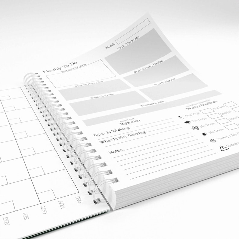 May include: A spiral-bound planner with white pages featuring black text and grid lines. The layout includes sections for Monthly To Do, Important Jobs, What To Plant, What To Harvest, What To Prune, Maintenance Jobs, Reflection, and Weather Conditions.
