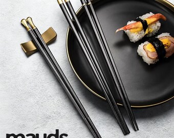 Set herbruikbare eetstokjes zwart goud, Japanse eetstokjes met houder, set sushi-eetstokjes, luxe eetgerei, cadeauset