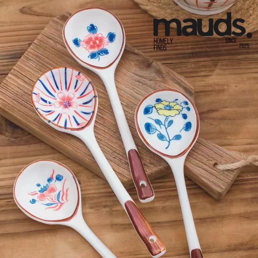 Japanese Ceramic Spoon Set, Floral Porcelain Soup Spoons With Wooden ...