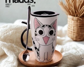 Schattige kattenmok met deksel en lepel, 600 ml keramische koffiekop, dierenkopje cadeau voor kattenliefhebbers