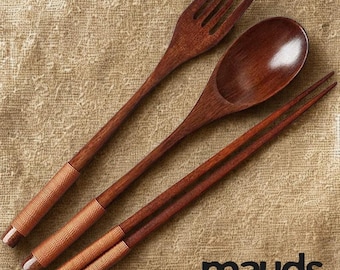 Wooden Spoon, Fork & Chopsticks Set | Eco-Friendly Utensils - Sustainable Kitchen Gift | Mauds Homely Finds