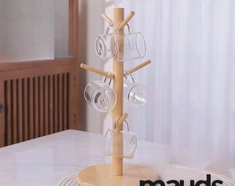 Mug Tree Stand Wooden, Coffee Cup Holder Rack, Countertop Mug Organizer, Kitchen Cup Display Stand, Minimalist Coffee Station