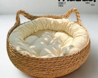 Woven Cat Bed Basket, Cozy Pet Bed with Cushion, Natural Rattan Cat Basket, Small Dog Bed, Boho Pet Home Deco