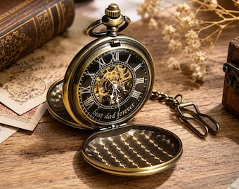 Montre de poche personnalisée steampunk, montre mécanique double chasseur en bronze gravé personnalisée, cadeau de garçon d'honneur, cadeau d'anniversaire pour homme