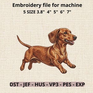 Puede incluir: Ilustración detallada de un perro salchicha marrón en pose de carrera. La imagen está etiquetada como "Archivo de bordado para máquina" con tamaños de 9.65cm, 10.16cm, 12.7cm, 15.24cm y 17.78cm. Incluye tipos de archivo DST, JEF, HUS, VP3, PES y EXP.
