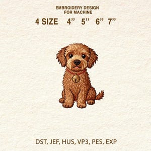 Pode incluir: Um desenho de bordado para máquina com um cão de desenho animado castanho com uma coleira de sino. O desenho está disponível em 4 tamanhos: 10 cm, 13 cm, 15 cm e 18 cm. A imagem também lista formatos de arquivo compatíveis.