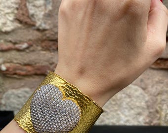 Heart Cuff Bracelet, Gold Statement Cuff, Heart Shape Jewelry, Luxury Handmade Cuff, Sparkling Wide Bracelet, Gift for Her