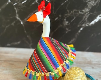 Fiesta Goose Outfit | Serape Dress, Tassel Trim, Matching Bow (Fits 6-8 Inch Geese)