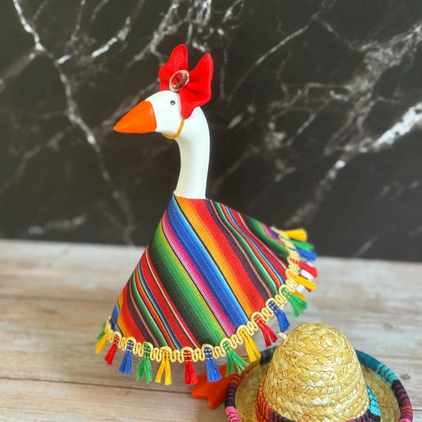 Fiesta Goose Outfit | Serape Dress, Tassel Trim, Matching Bow (Fits 6-8 Inch Geese)