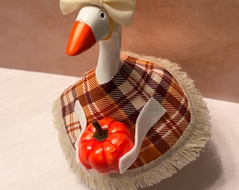Handmade Plaid Goose Outfit | Autumn Fringe Dress, Pumpkin Detail (6-8 Inch)