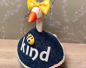 Bee Kind Goose Outfit | Denim Dress with Bee Accent, Desk Decor