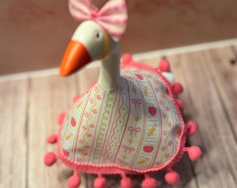 Teacher Goose Dress – School Fabric Desk Decor, Pink Pom Trim Outfit