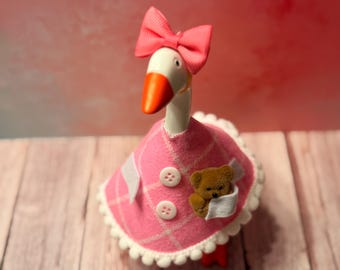 Handmade Goose Pajama Outfit with Teddy Bear Pocket & Bow