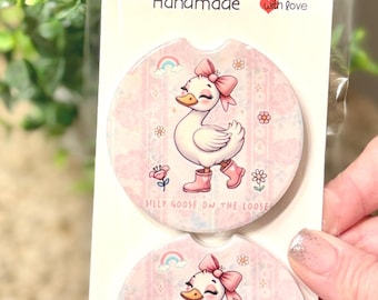 Silly Goose on the Loose – Pink Goose Car Coasters (Set of 2)