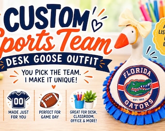 May include: A white goose figurine wearing a cream-coloured bow and a blue pleated collar featuring a Florida Gators logo patch. The image includes text: CUSTOM Sports Team DESK GOOSE OUTFIT, YOU PICK THE TEAM. I MAKE IT UNIQUE!, and SEE ADDITIONAL LISTING PHOTOS.