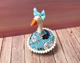 Handmade Butterfly Floral Dress for Desk Goose | Blue Pom-Pom Trim Accessory