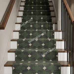 May include: A staircase with green and grey patterned carpet runners. The carpet features a diamond design with white accents. The stairs have wooden steps and white risers, with wooden and black metal railings.