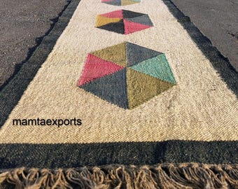 Handwoven Wool Jute Kilim Runner Rug, Geometric Aztec Boho Style