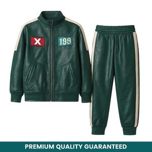 May include: Green faux leather jacket and pants set. The jacket has a zip-up front, side pockets, and white stripes on the shoulders. The pants have white stripes down the sides. The jacket features a red "X" patch and a "199" patch.