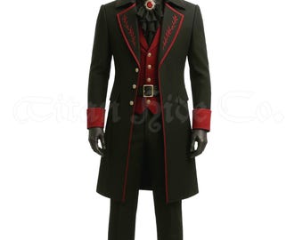 Handgemachter viktorianischer Gothic Vampir-Mantel | Rot & Schwarz bestickte Steampunk-Jacke | Langer Baumwolle Trenchcoat Cosplay, Festival Halloween Wear